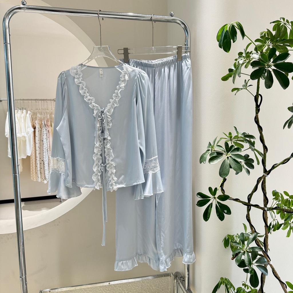 Pajamas Women's Spring Summer Four-piece Set Suspender Shorts with Chest Pad Lace Sexy Ice Silk Loungewear Set Simulation Silk