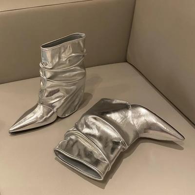 Осень Зима Плиссированные Женские Ботильоны с Острым Носком на Клиновидном Каблуке для Банкета Выпускного Вечера Женская Обувь Botas Mujer