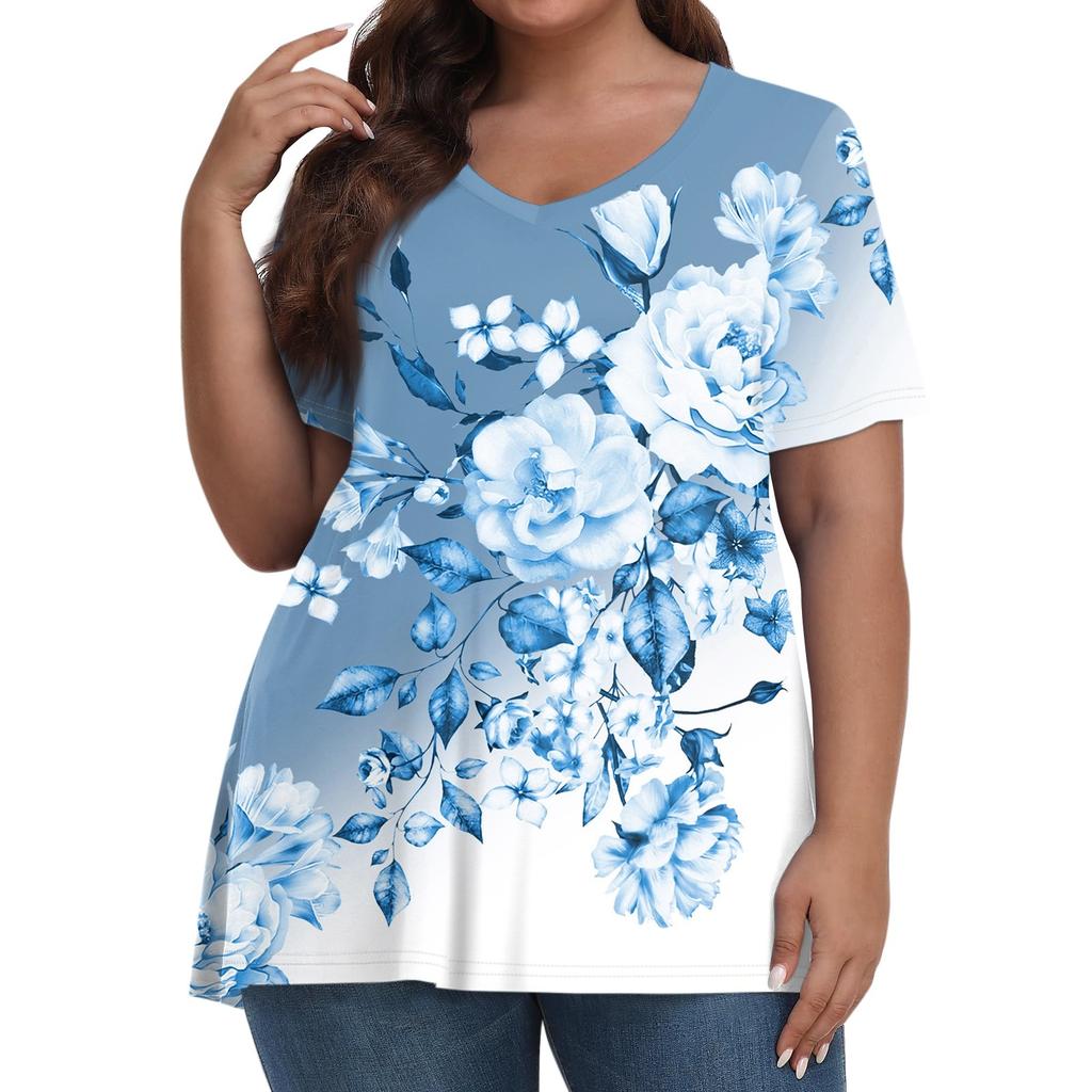 Womens Plus Size Tops Short Shirts V Neck Casual Clothing 3D Printed Tops T-Shirts