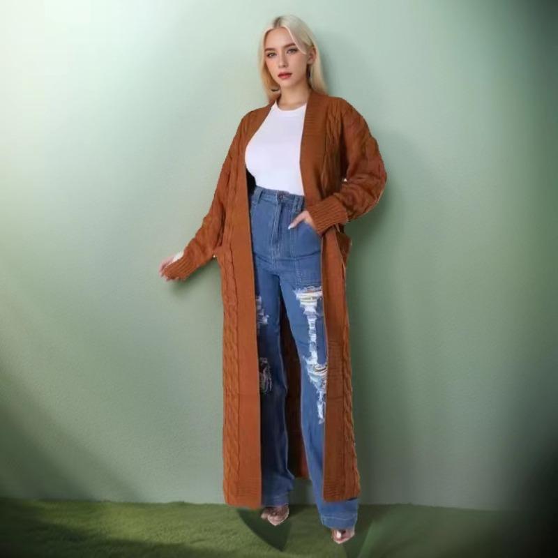Длинный вязаный кардиган, элегантный однотонный свитер с длинными рукавами и карманами, женский