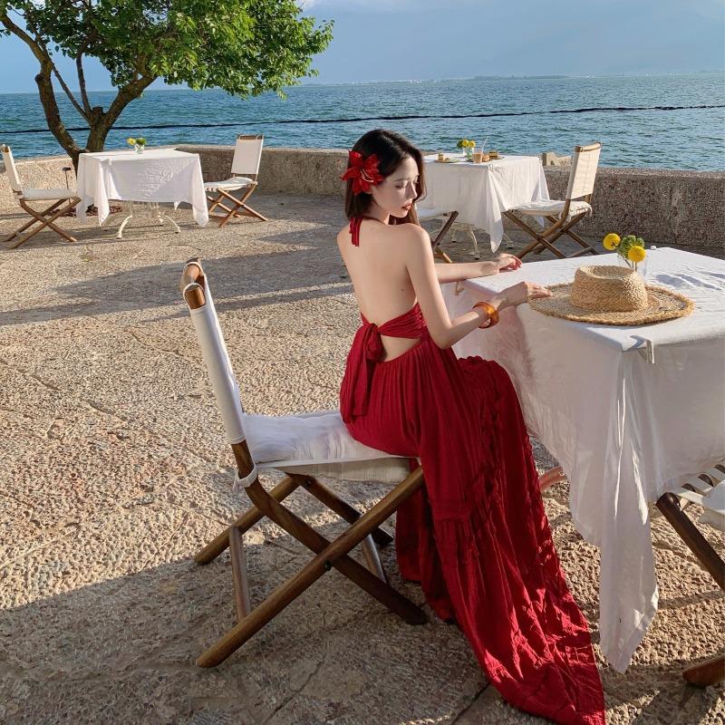 Tyrande Seaside Vacation Feeling Neck Suspender Dress Women's French Heavy Industry Sexy Backless Cake Dress