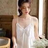 Court Style Lace Camisole Nightgown with Bra Pads - Sexy Cotton Long Sleep Dress for Women