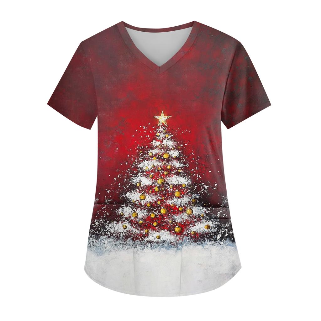 Women's V-neck Christmas Print Short-sleeved Pocket Side Slit Uniform Top