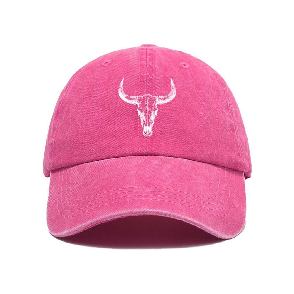 Distressed Bull Skull Print Baseball Cap Washed Cotton Sun Hat Dad Hat For Man Women Unisex