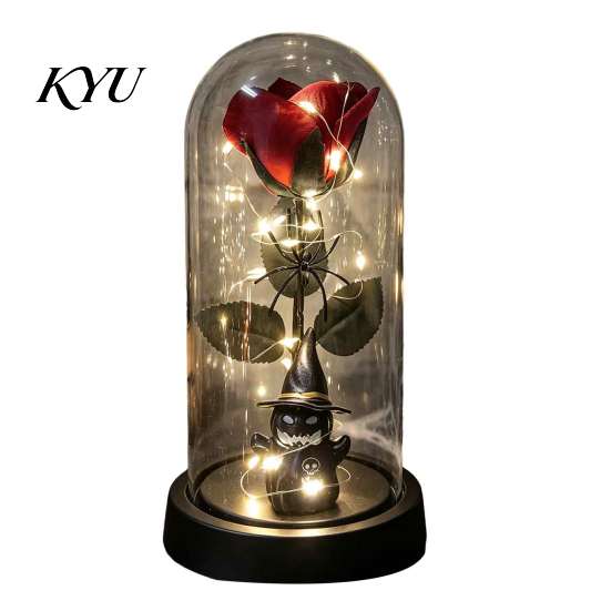 Secret Room Decorative Item Halloween Indoor Light Up Rose in Plastic Dome Cloche, Artificial Preserved Gothic Floral Night with Spider Pumpkin Witch