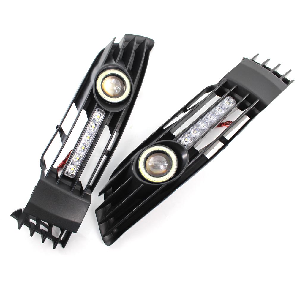 1 Pair Angel Eye Car Front Bumper Fog Lamps Grille With LED Daytime Running Lights Assembly Parts For Passat B5 B5.5