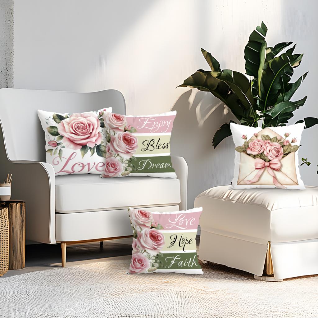 4 Pcs Rose-Themed Text Illustration Single-Sided Printed Pillowcase For Home Living Room Bedroom Car Decor