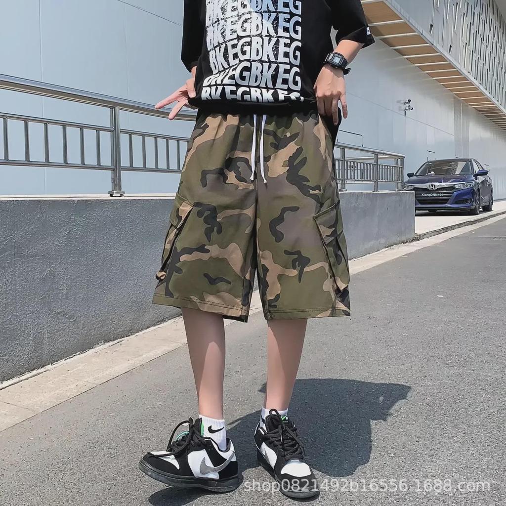 Men's Trendy American Street Retro Hip-Hop Camouflage Loose Wide-Leg Overalls with Large Pockets