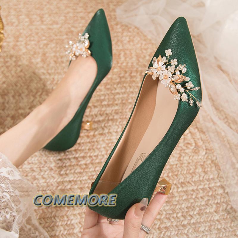 Туфли-лодочки с острым носком и цветами для женщин 2024 года, новые зеленые шелковые туфли на низком каблуке, женские туфли без застежек на тонком каблуке, зеленые туфли для вечеринок