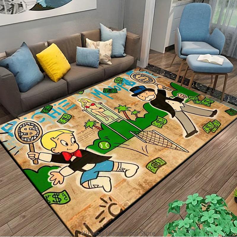Playful Rich Man Game Monopoly Dollar Cartoon Carpet Rug for Bedroom and Living Room Non-slip Floor Mat Decorative Sofa Doormat