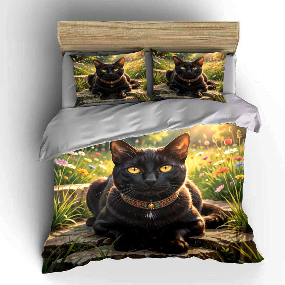 Black Cat with Floral Collar Bedding Duvet Cover Set  (1*Duvet Cover 2*Pillowcases, without duvet insert)