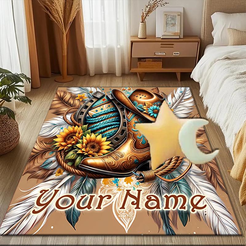 1PC Custom Name Western Cowboy Boots Feathers Theme Floor Mat Ideal for Living Room, Game Rooms, Office, Bedroom Floor Mat Design