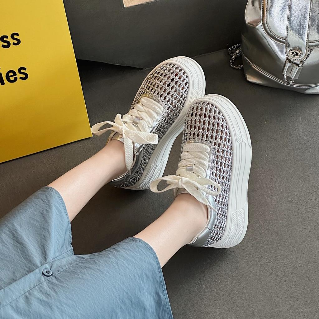 Thick-soled Hollowed-out Fashion Casual Shoes Women's Summer New Woven Mesh White Shoes Versatile Muffin Shoes