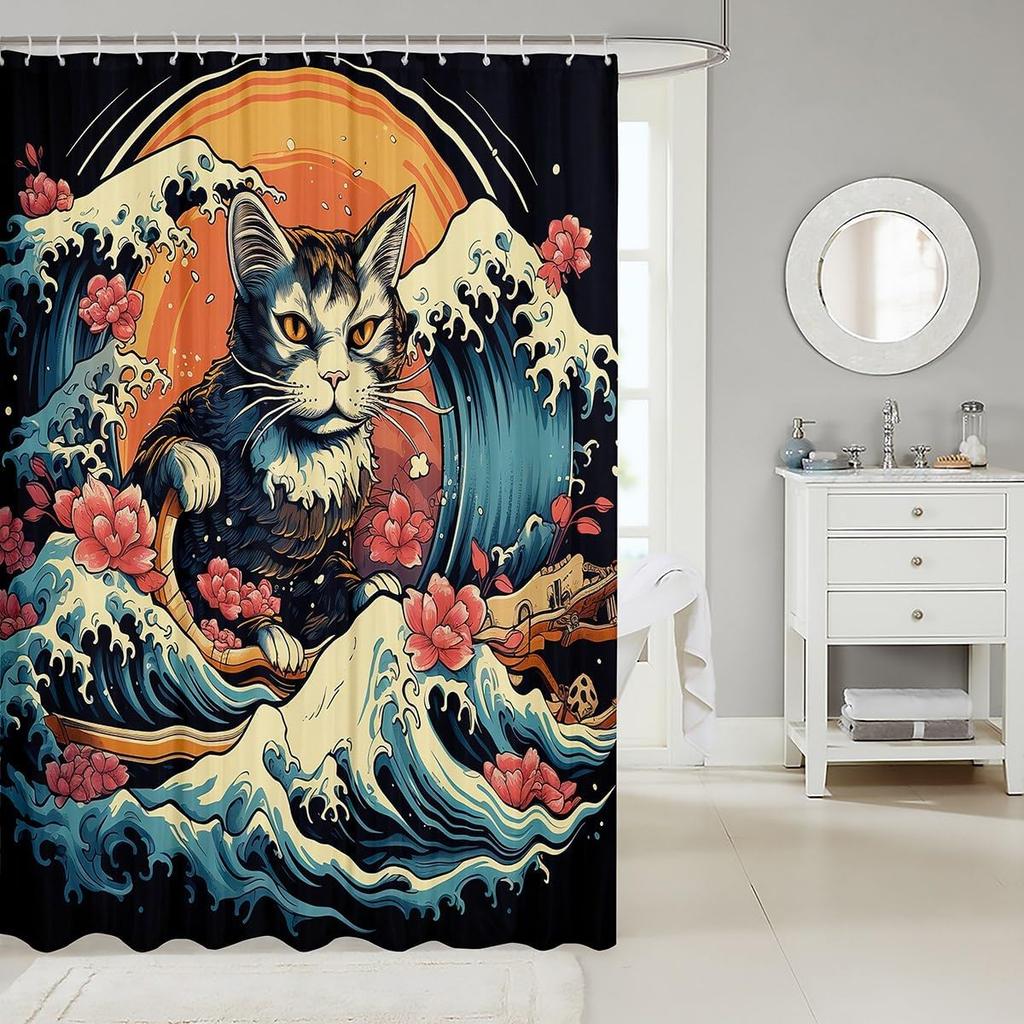 Мультяшная шторка для душа с кошкой, Японская живопись укиё Волны Восход Занавеска для ванной Комната для детей Подростков Женщин Декор, Океан Водонепроницаемая