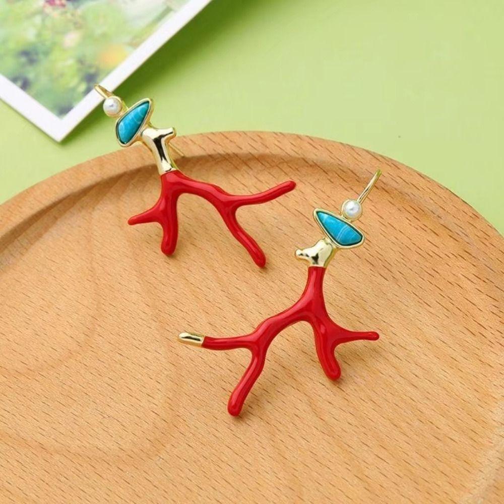 Red Coral Enamel Glaze Earrings Clear Geometric Drop Earrings Irregular Colored Earrings  Party