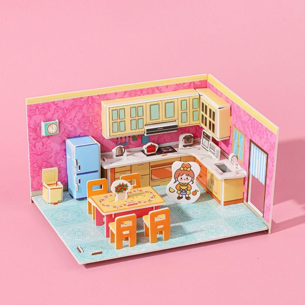 3D Model 3D Room Cardboard Kitchen Room Model Craft Toys Cute 3D Room Model Puzzle Toys  Kids