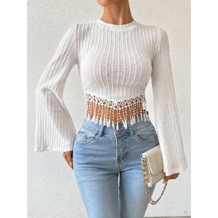 Новая женская художественная и элегантная футболка с осенне-зимним дизайном с кисточками и рукавами-клеш, короткий топ