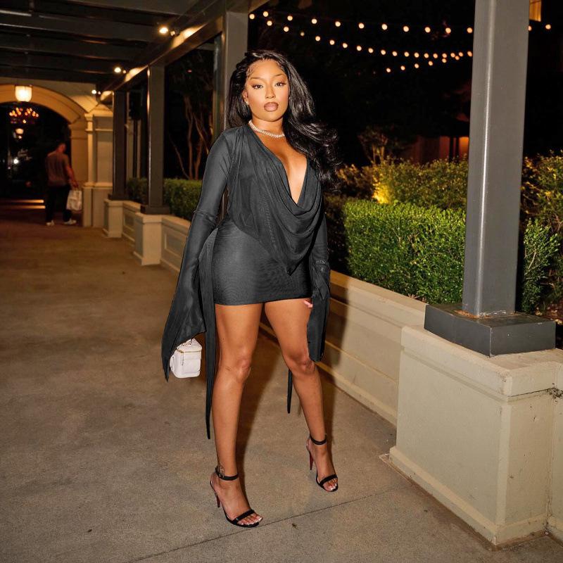 European-American Women's Mesh Ruffle Collar A-line Dress with Open Back