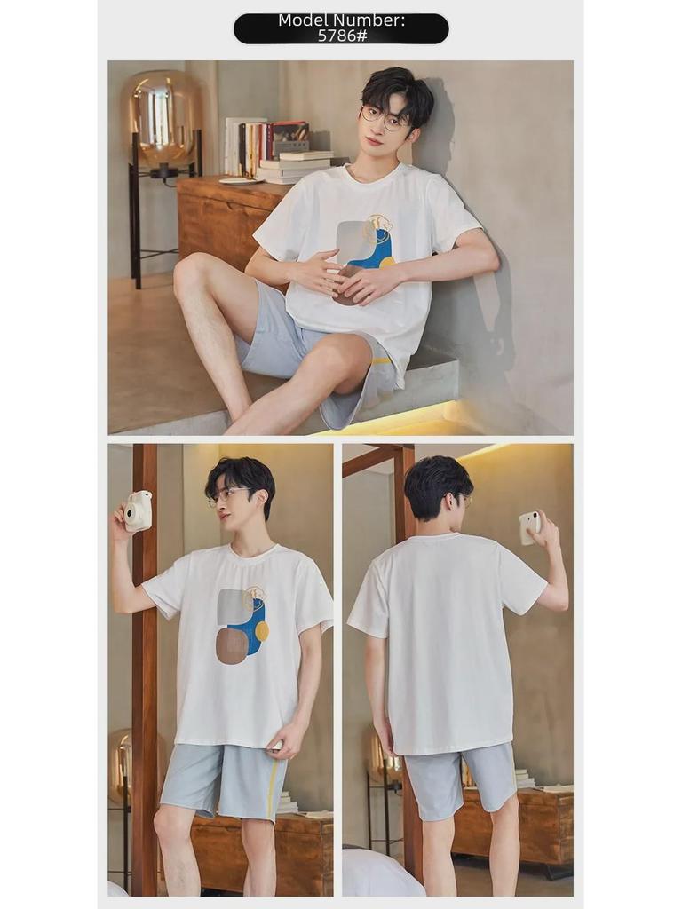 Men's Summer Striped Cartoon Pajama Set: Soft Cotton, Short-Sleeved Round Neck Top with Shorts, Large Size Boy's Homewear.