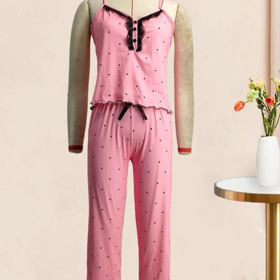 Женский пижамный комплект из 2 шт./компл., атласный кружевной топ без рукавов с принтом сердца, брюки с эластичной резинкой на талии и бантом, домашняя одежда, топ, брюки, костюм, женская летняя одежда для сна, гостиная