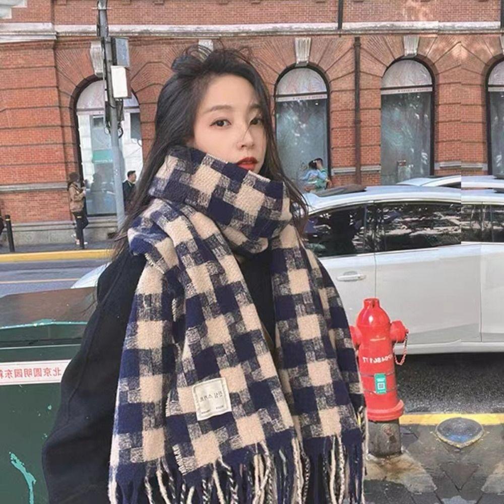 Cashmere Shawl Plaid Wool Scarf Plush Cape Wraps Retro Winter Cashmere Scarves  Girl