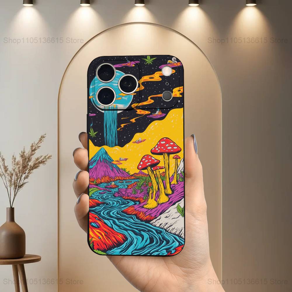 Trippy Plant Mushroom Case For iPhone 12,14,15,16,17,13,11,X,Mini,Plus,Pro Max,8,7,XR,SE,XS,Soft Silicone Black