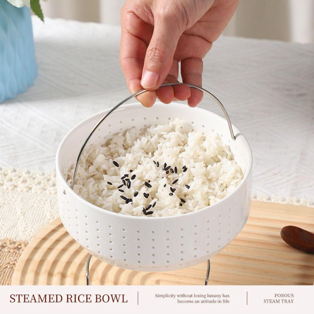 With Handle Food Steamer Rack White Ceramic Rice Cooker Basket Rice Steaming Bowl Seafood Steam