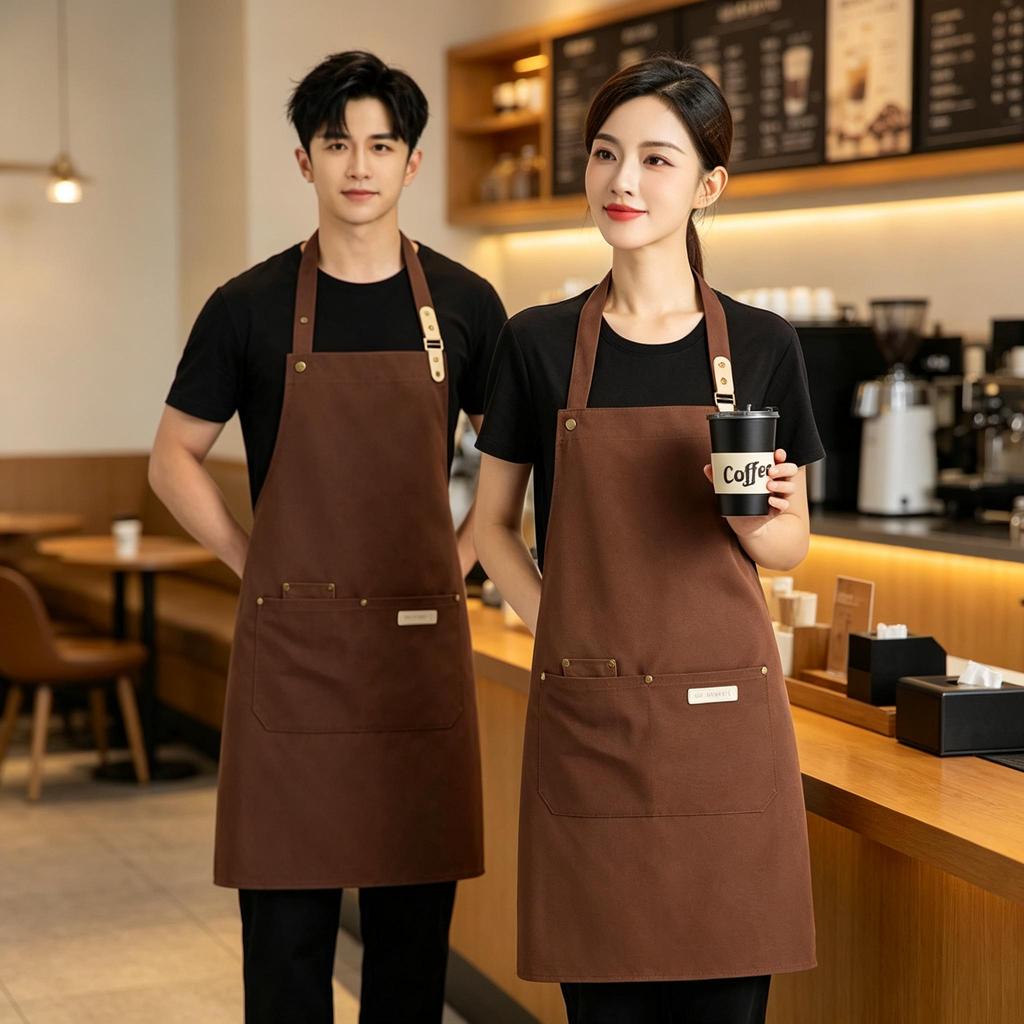 Adjustable Canvas Work Apron, Waterproof Oil‑Proof Apron With Multi‑Storage Pockets for Bakery, Cafe, Flower Shop & Home Cooking