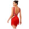 Womens Latin Tango Dance Leotard Allover Rhinestones Backless Tiered Tassel Contrast Color Bodysuit Performance Jumpsuit