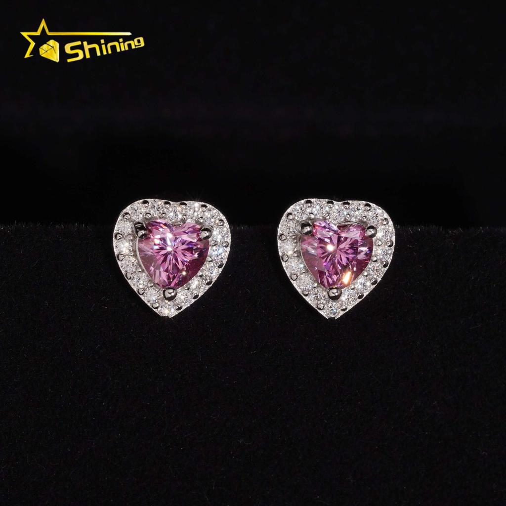 Solid 925 Silver Gold Plated Heart Shape GRA Pink Moissanite Screw Back Stud Earrings Fashion Jewelry Hot Sale Cheapest Price