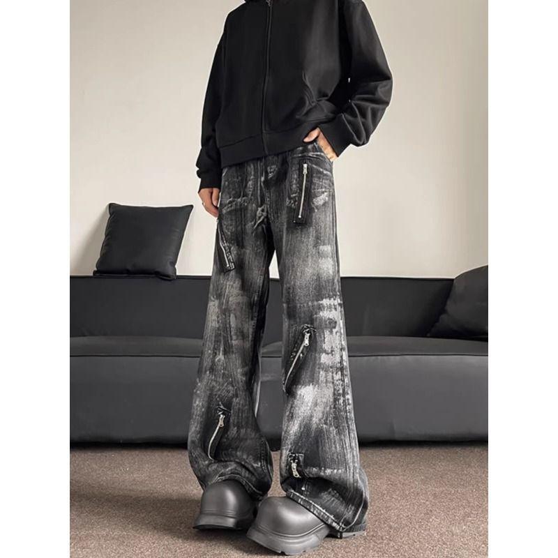 Мужские винтажные прямые джинсы Y2k с несколькими молниями и высокой талией, повседневные расклешенные джинсовые брюки, уличная одежда