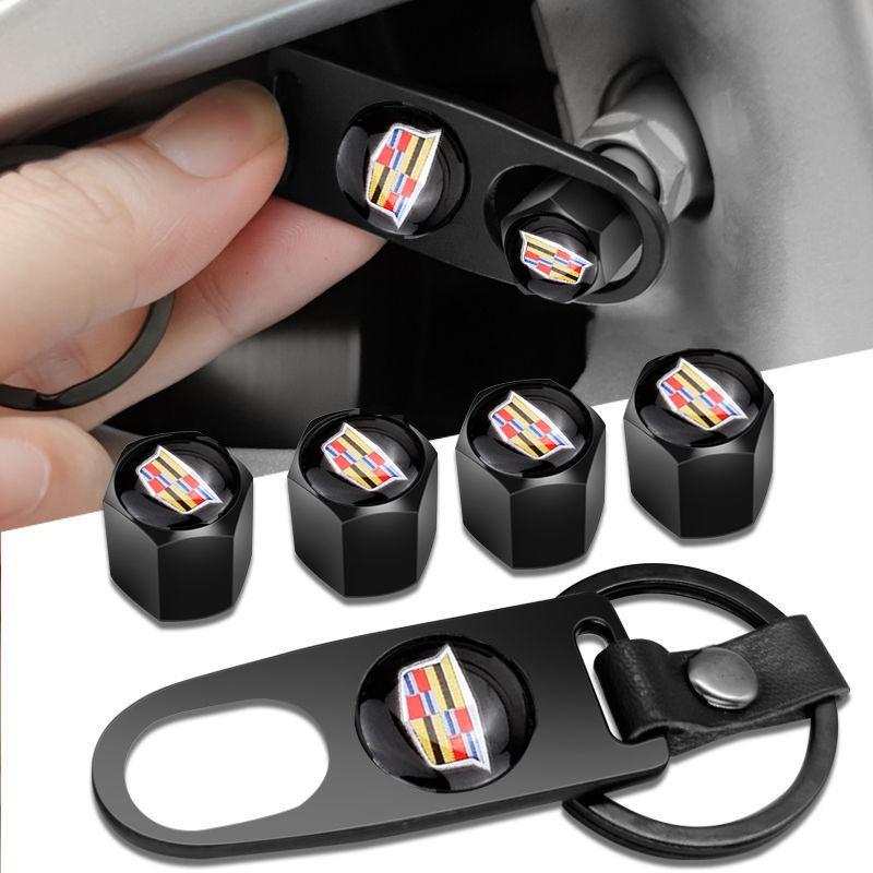 4pcs for Cadillac Escalade CTS BLS SLS STS CT5 XT5 XTS XLR SRX Deville Car Wheel Valve Stems Caps with Keychain Auto AccessoriesAU7