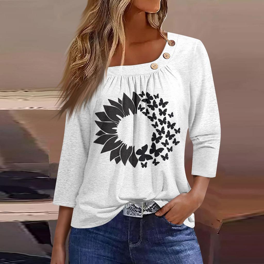 Жен. Футболка Футболка С принтом Пуговицы Рукав 3/4 Повседневные Выходные Мода Классический Классический Верх