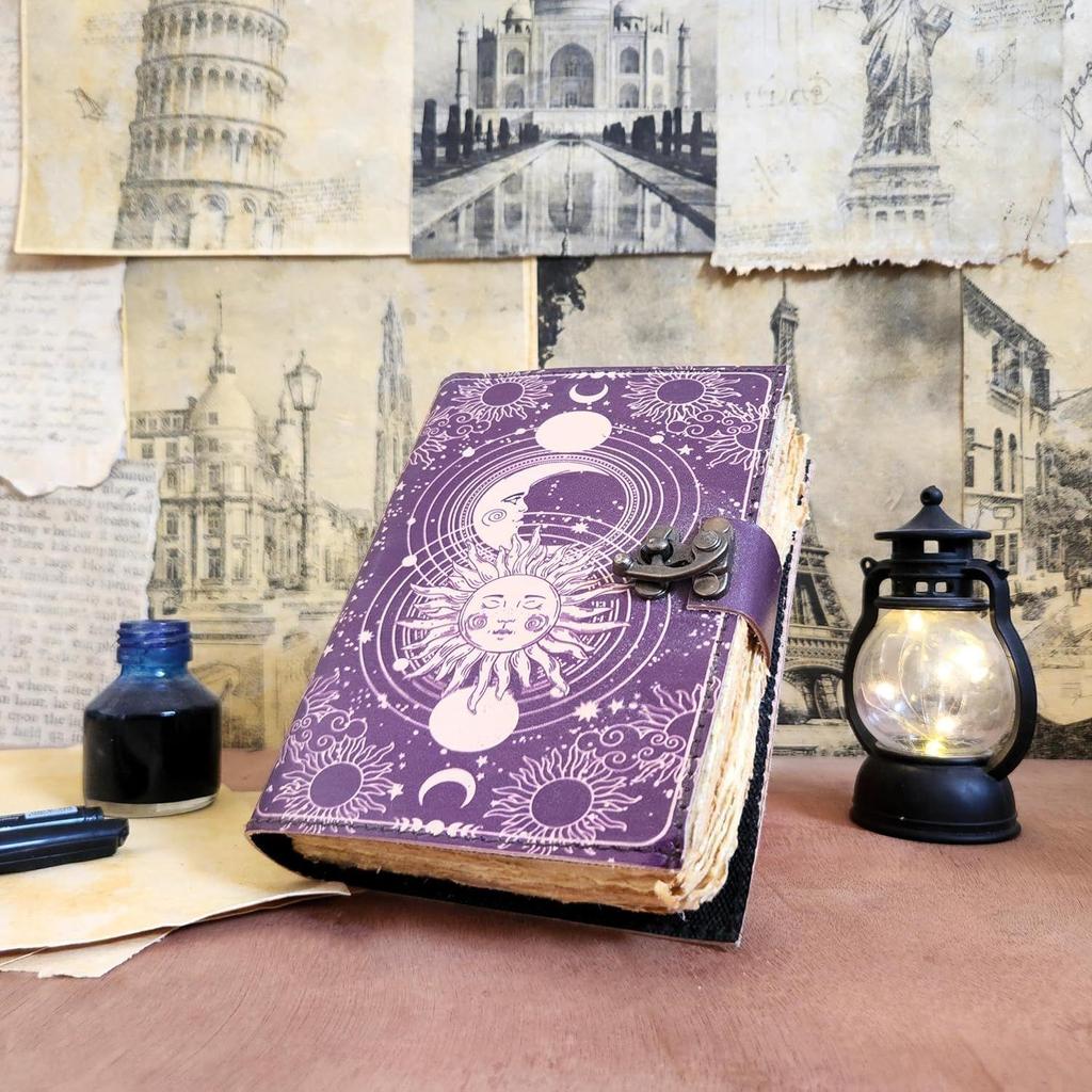 Vintage Sun Moon Leather Journal Handmade 200 Deckle Edge Pages C-Lock