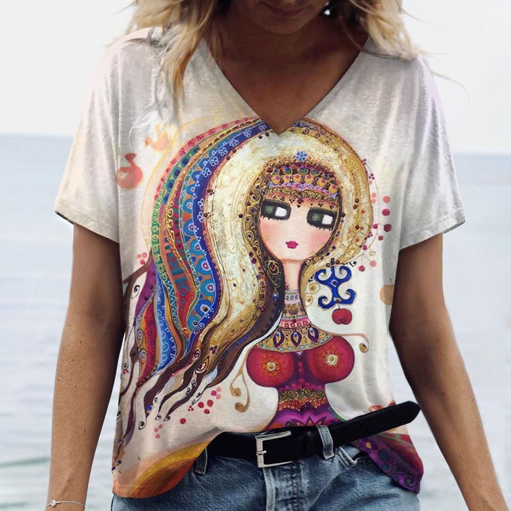 Summer Cartoon T-shirt Graphic Printing V-neck Short-sleeved Pullover Outdoor Casual Women's T-shirt