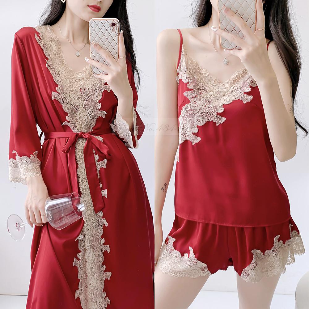 Пижамный комплект, одежда для отдыха, кружевной свадебный банный халат, шорты, костюм, сексуальная женская одежда для сна, летние атласные пижамы, домашняя одежда
