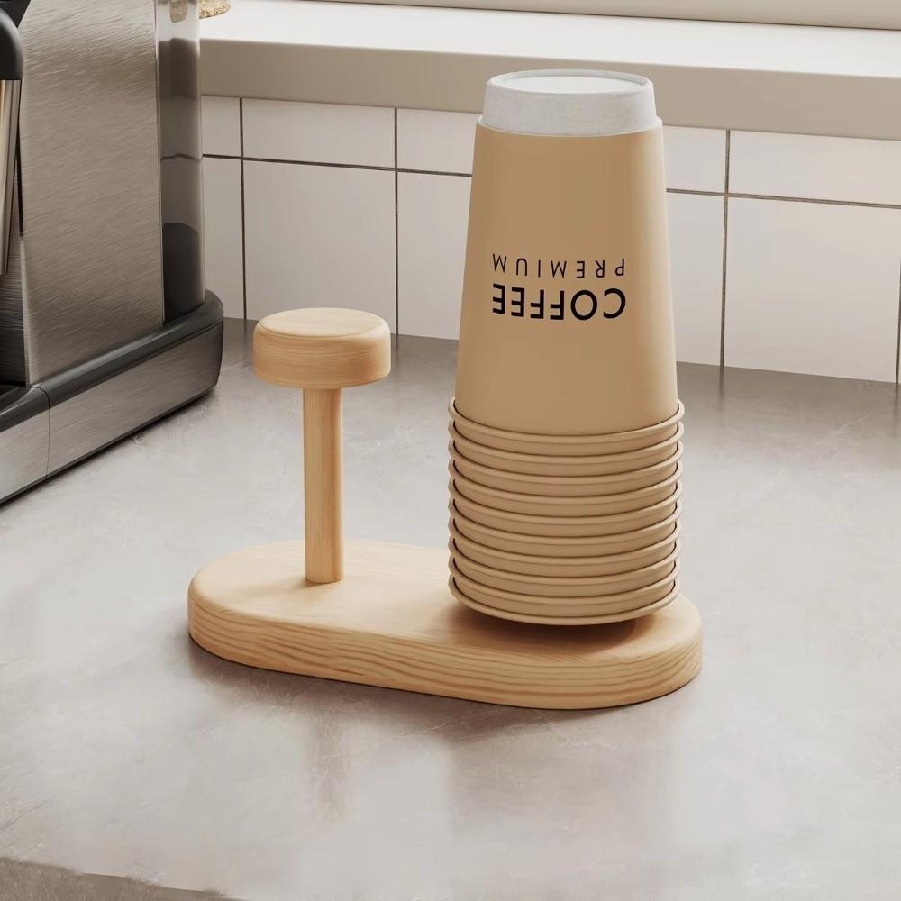 Round Disposable Paper Cup Holder Wooden Cup Dispenser Stand Storage Rack  For Kitchen Coffee Bar