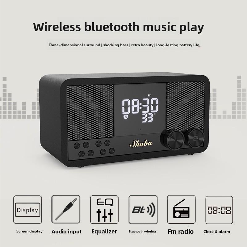Vintage Bluetooth Speaker Wooden FM Radio Clock Alarm with Subwoofer, Retro Home Stereo Bass
