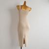 French Style New Arrival Pure Color Knitting Dress Women's Clothing Silm Slimming Slit Mid Length Long Length Sleeveless Vest Suspender Dress