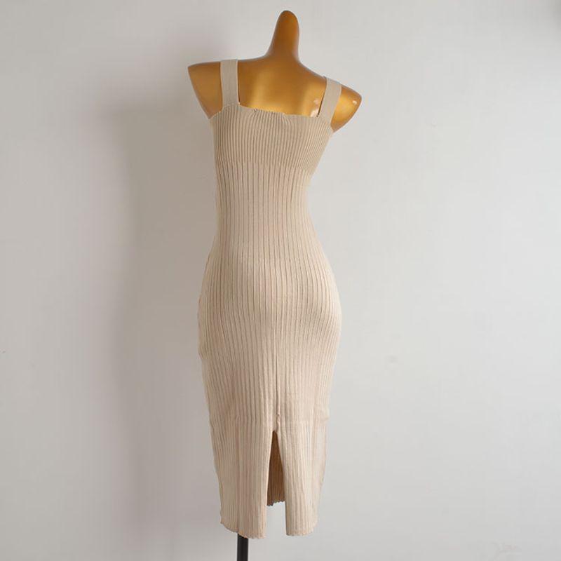 French Style New Arrival Pure Color Knitting Dress Women's Clothing Silm Slimming Slit Mid Length Long Length Sleeveless Vest Suspender Dress