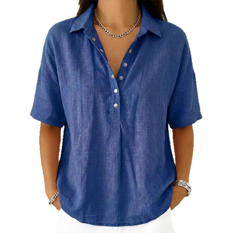 2026 Summer New Women's Loose and Comfortable Turn-down Collar Short-sleeve Solid Color Shirt