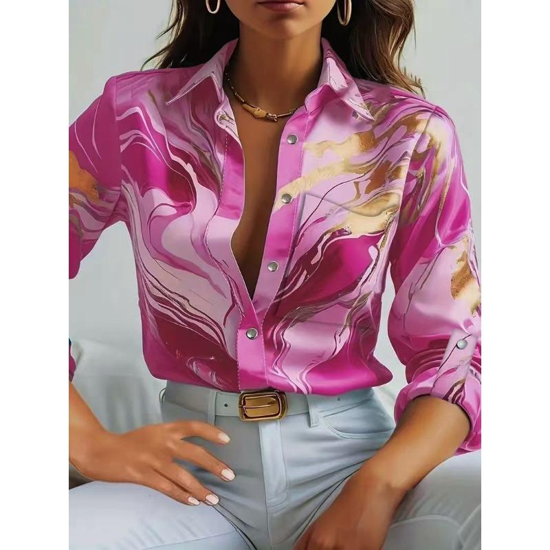 Женская мода повседневная весна-осень цветные блоки принт длинный рукав воротник поло блузки и рубашки