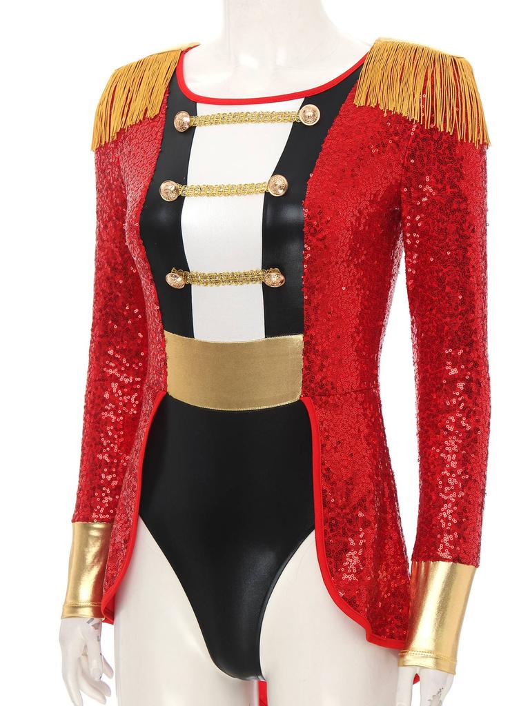 Womens Circus Ringmaster Cosplay Bodysuit Long Sleeve Allover Sequin Tail Jumpsuit Halloween Festival Costumes