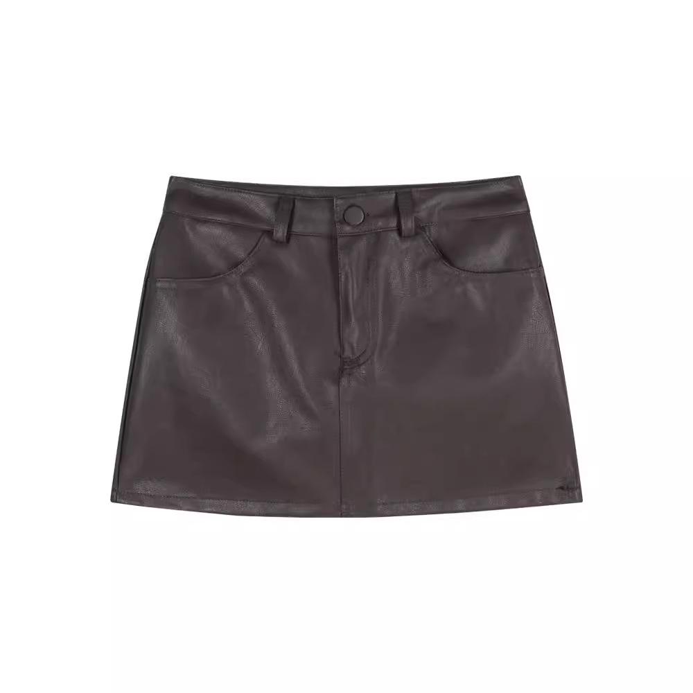 Meilade Women's PU Leather High Waist Brown A-Line Bodycon Mini Skirt - Spring 2024 Collection