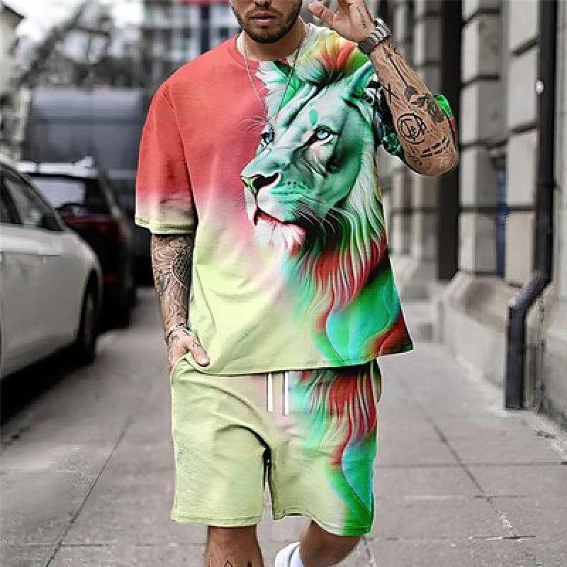 Животное Лев Графические принты Спортивный дизайнер Повседневная мужская рубашка Комплект шорты и футболка Футболка Наряды На открытом воздухе Футболка для ежедневного отпуска Красный Синий Оранжевый