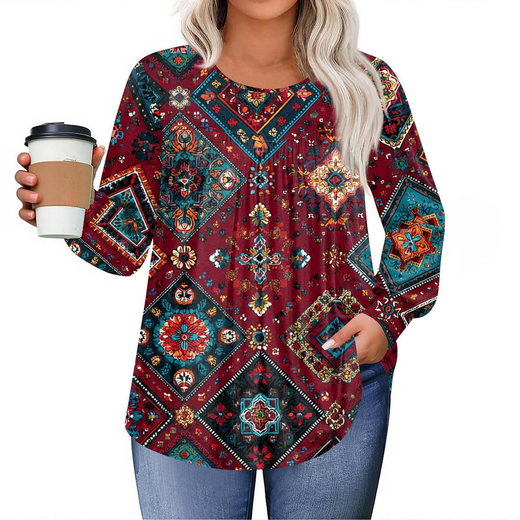 Womens Plus Size Tops Long Sleeve Shirts Round Neck Flowy Tunic Casual Loose Blouse L-5X