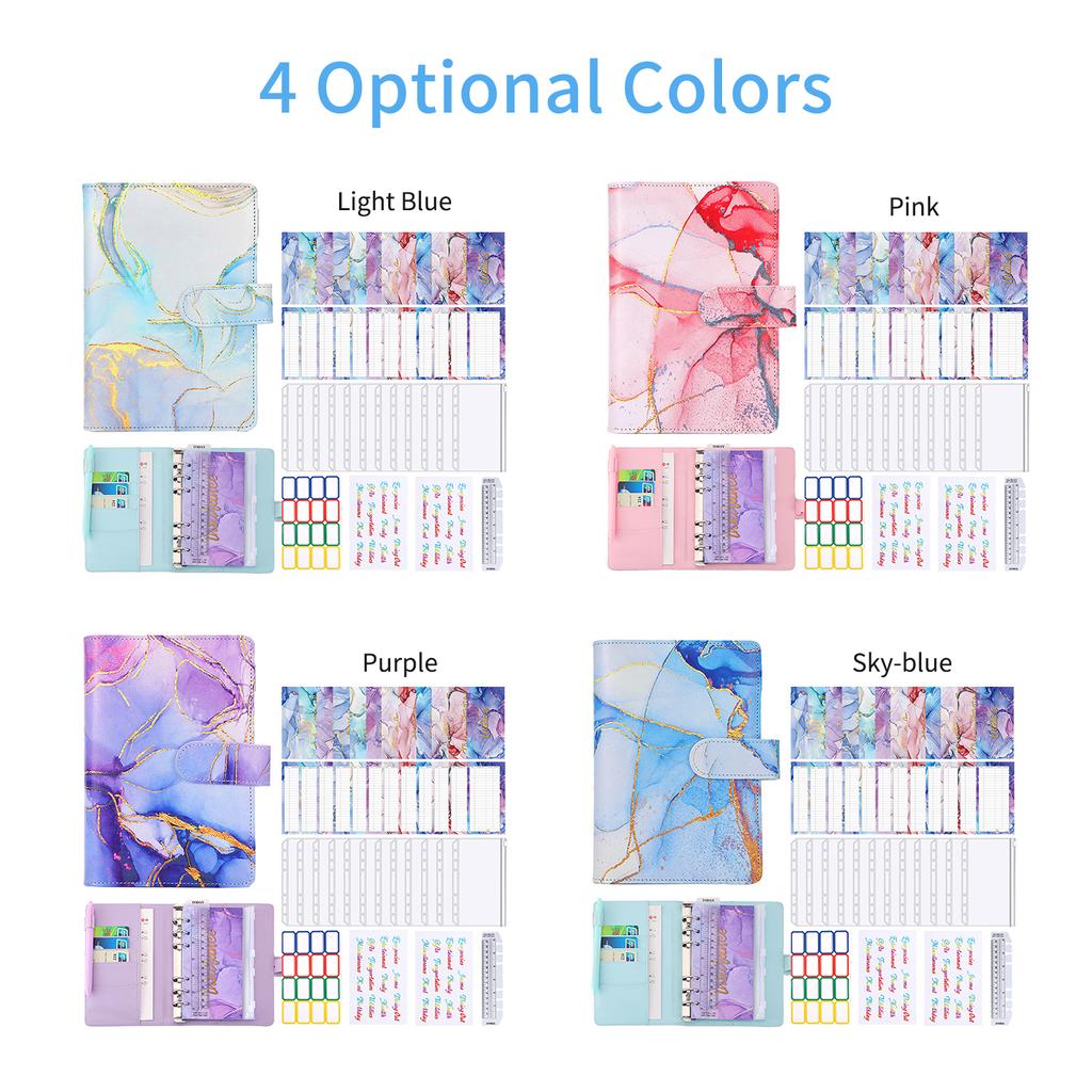 A6 Budget Binder with Marble Pattern PU Leather Notebook Cover Zipper Envelopes Lable Stickers Ruler Used as Money Organizer System Bill Money Card S