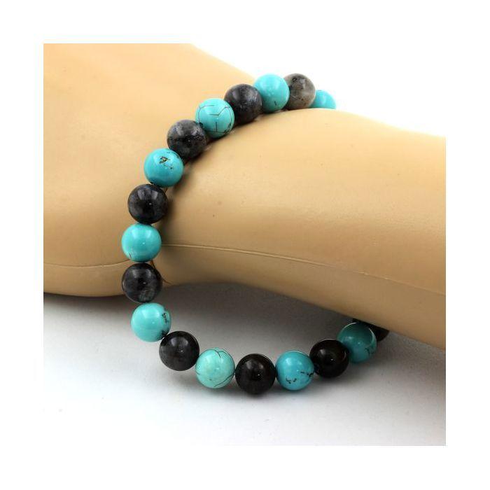 Pierres et Minéraux. Bracelet Perles Labradorite + Turquoise 8 mm. Fabriqué en France.
