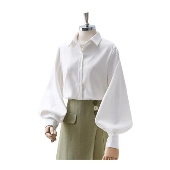 Women Shirt Lapel Lantern Long Sleeve Single Breasted Shirt Tops Solid Color Loose Fit Work Casual Daily Tops