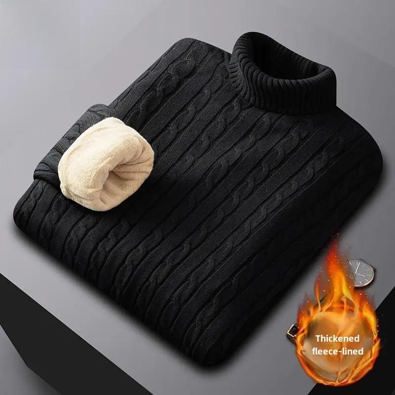 Мужской свитер поло с высоким воротом, толстый хлопковый вязаный топ, на флисовой подкладке и утолщенный, теплый, бюстгальтеры мягкие и эластичные, стильный